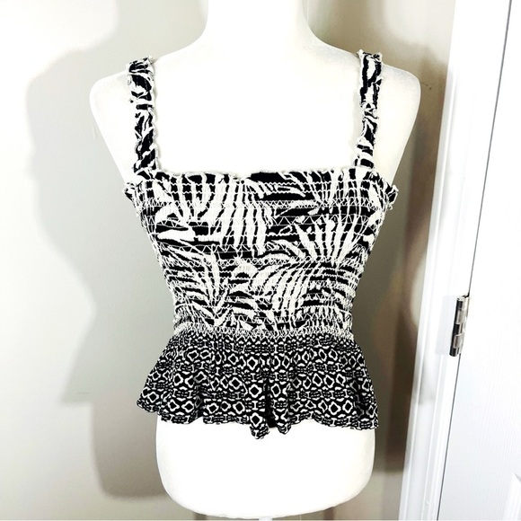 PATRONS OF PEACE Black & White Tropical Smocked Ruffled Peplum Crop Tank - SMALL - Picture 1 of 8